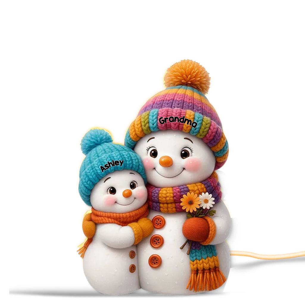 Personalized snowman family light box with grandma and grandkids' names on knitted hats