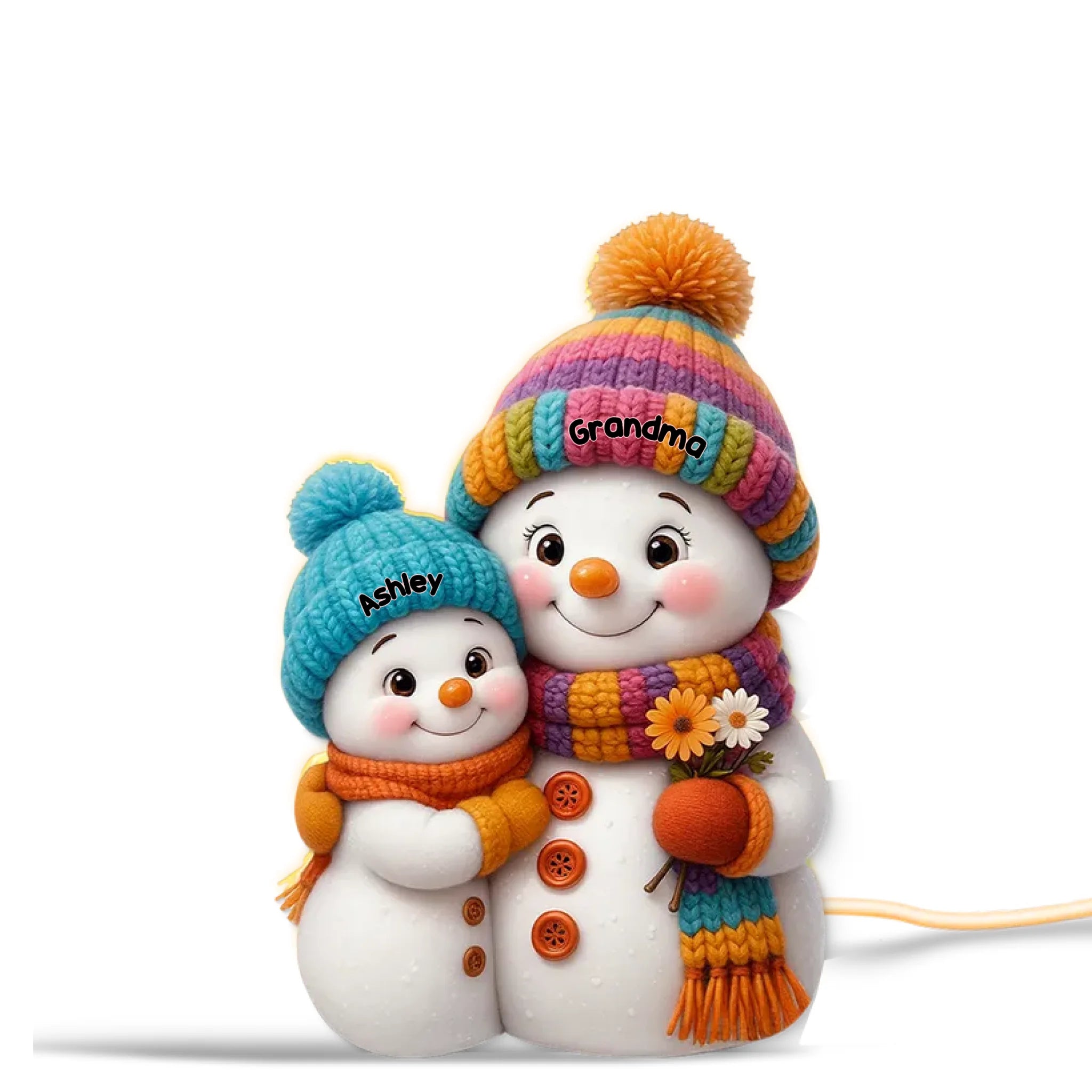 Personalized snowman family light box with grandma and grandkids' names on knitted hats