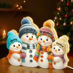 Snowman family light box with grandparents and grandkids' names, lit scene