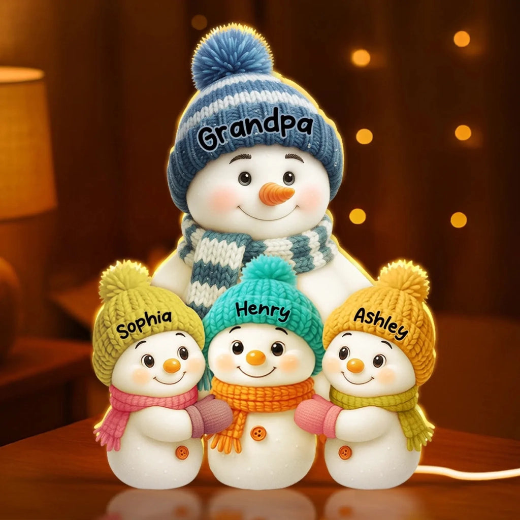 Snowman family light box with custom names, shown as a lit display