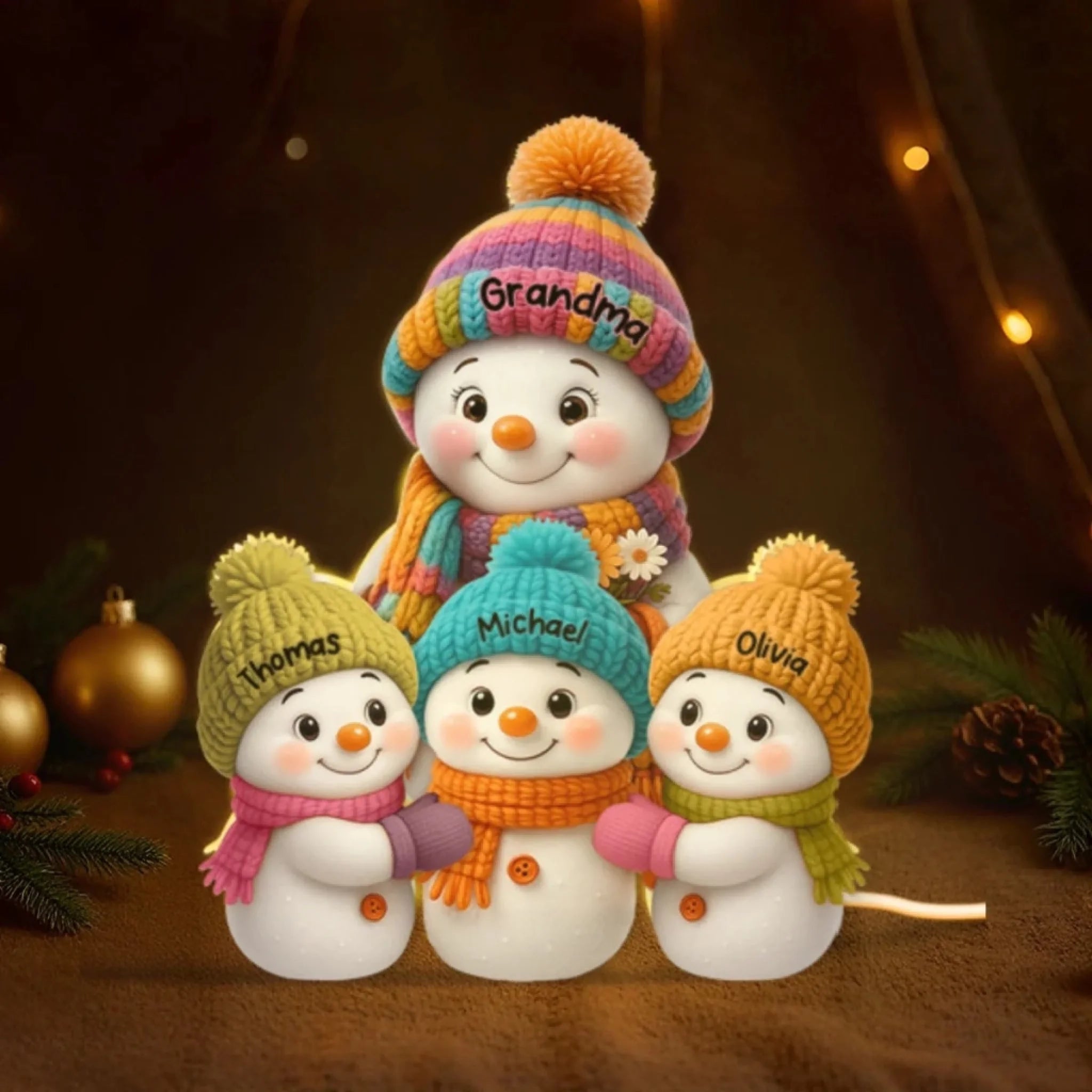 Custom snowman family light box with names on each snowman's hat