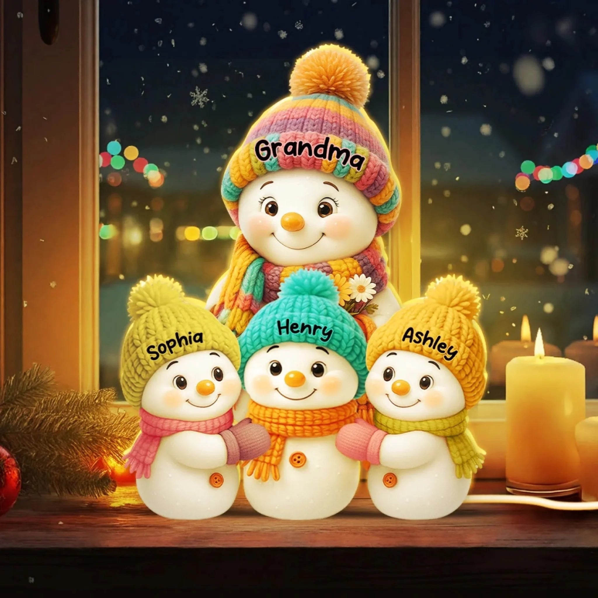 Snowman family light box with custom names shown in warm light