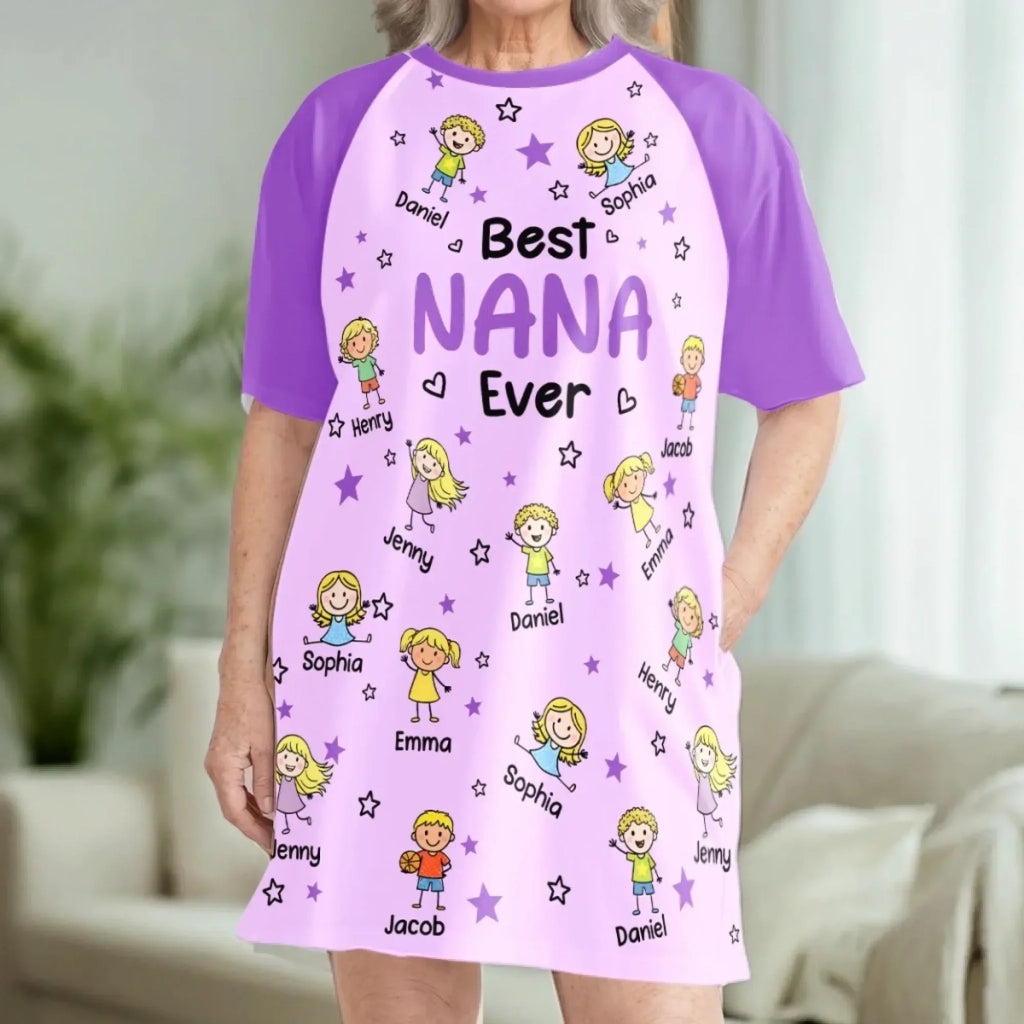 Woman wearing the personalized grandma nightgown, front view showing the full print