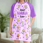 Woman wearing the personalized grandma nightgown, front view showing the full print
