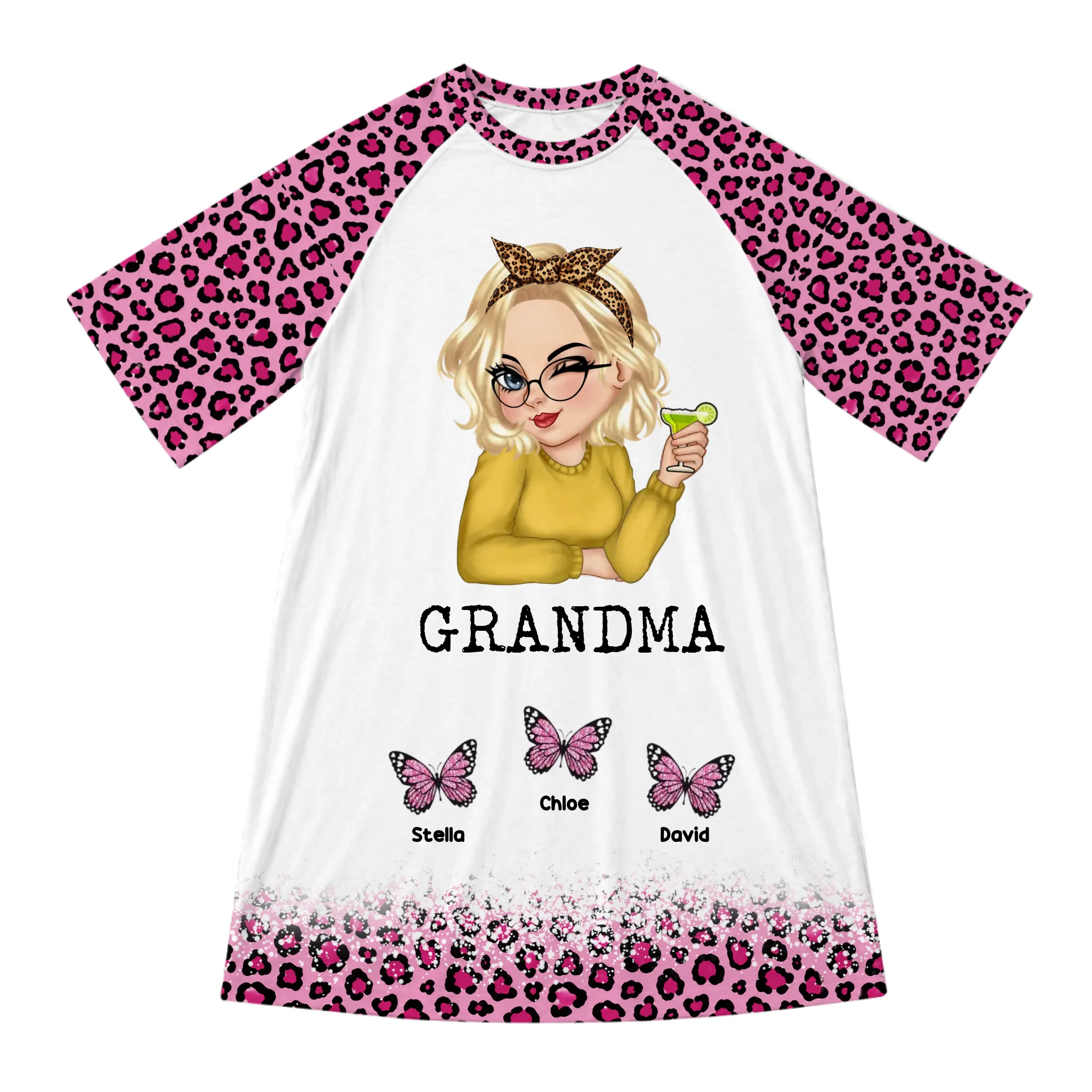 Personalized Grandma Leopard Butterfly Nightgown with Kids' Names