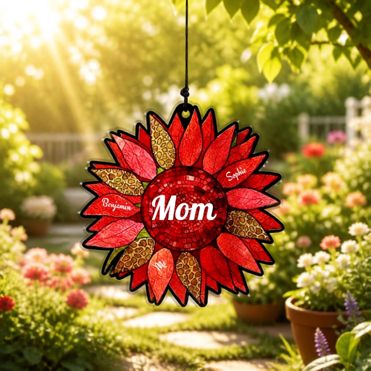 Personalized red sunflower suncatcher with Mom at the center and three family names, hanging in a blooming garden