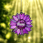 Personalized purple sunflower suncatcher with Nana at the center and six family names on the petals