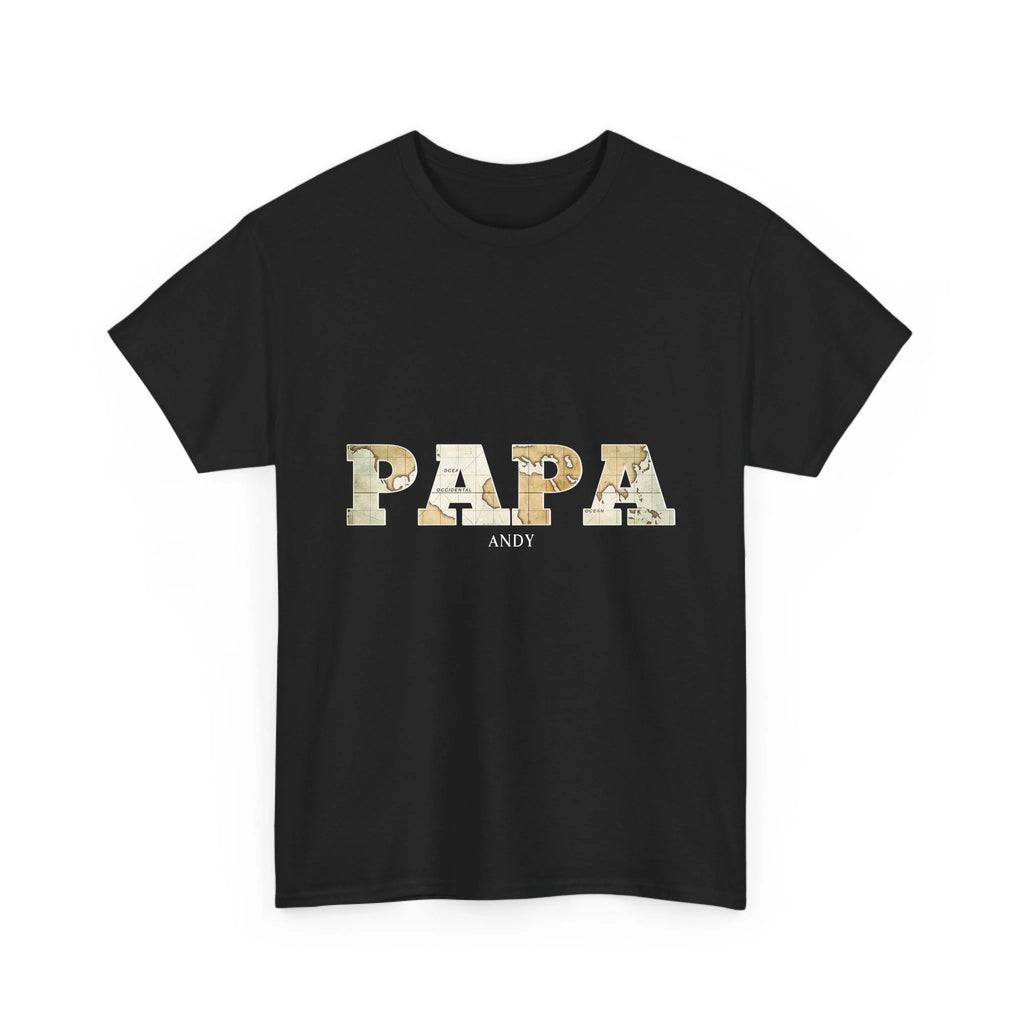 Black personalized Papa shirt with vintage map lettering and the name Andy underneath