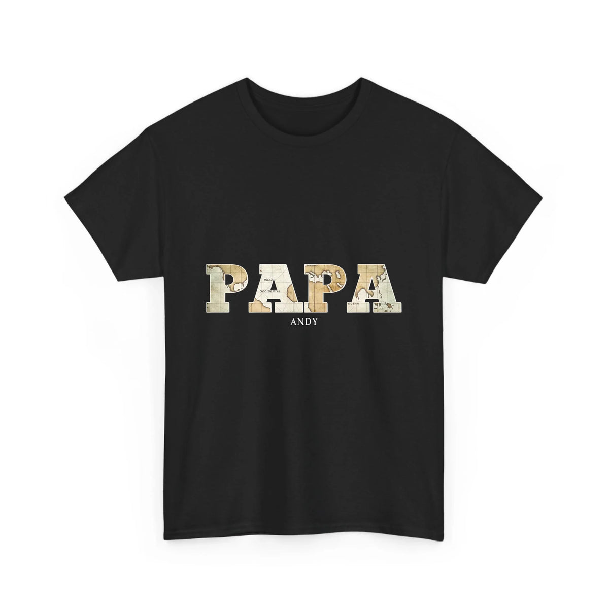 Black personalized Papa shirt with vintage map lettering and the name Andy underneath
