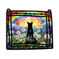 Stained glass style dog memorial suncatcher with a rainbow, mountains and white daisies