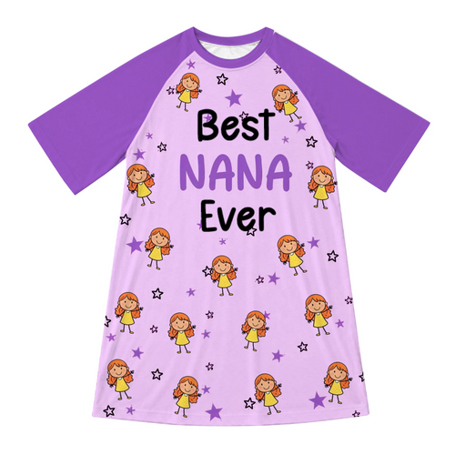 Personalized women's raglan nightgown laid flat, showing the grandma nickname and the grandkids' names