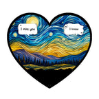 Heart shaped wooden car visor clip with a starry night sky and speech bubbles saying I miss you and I know