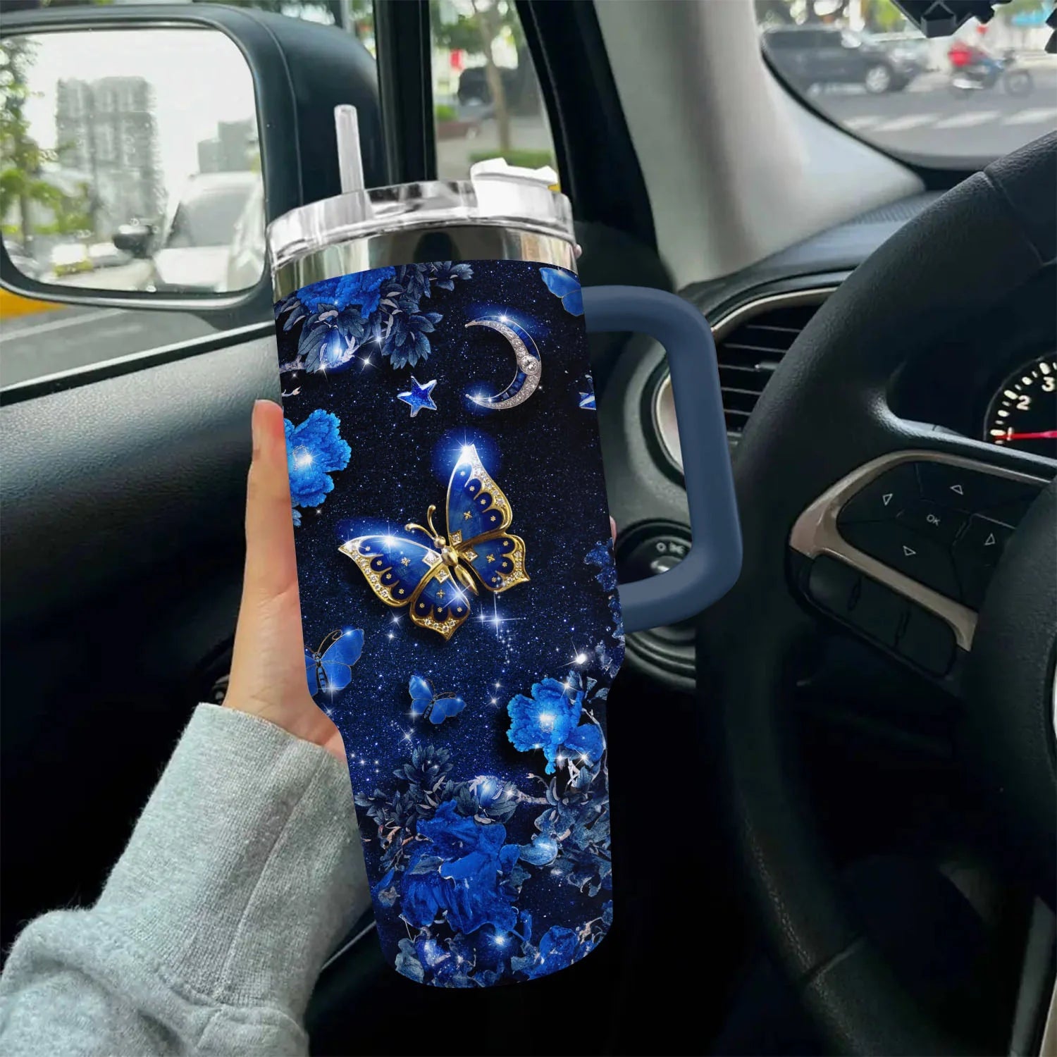 Sparkling Night Butterfly - Tumbler With Handle